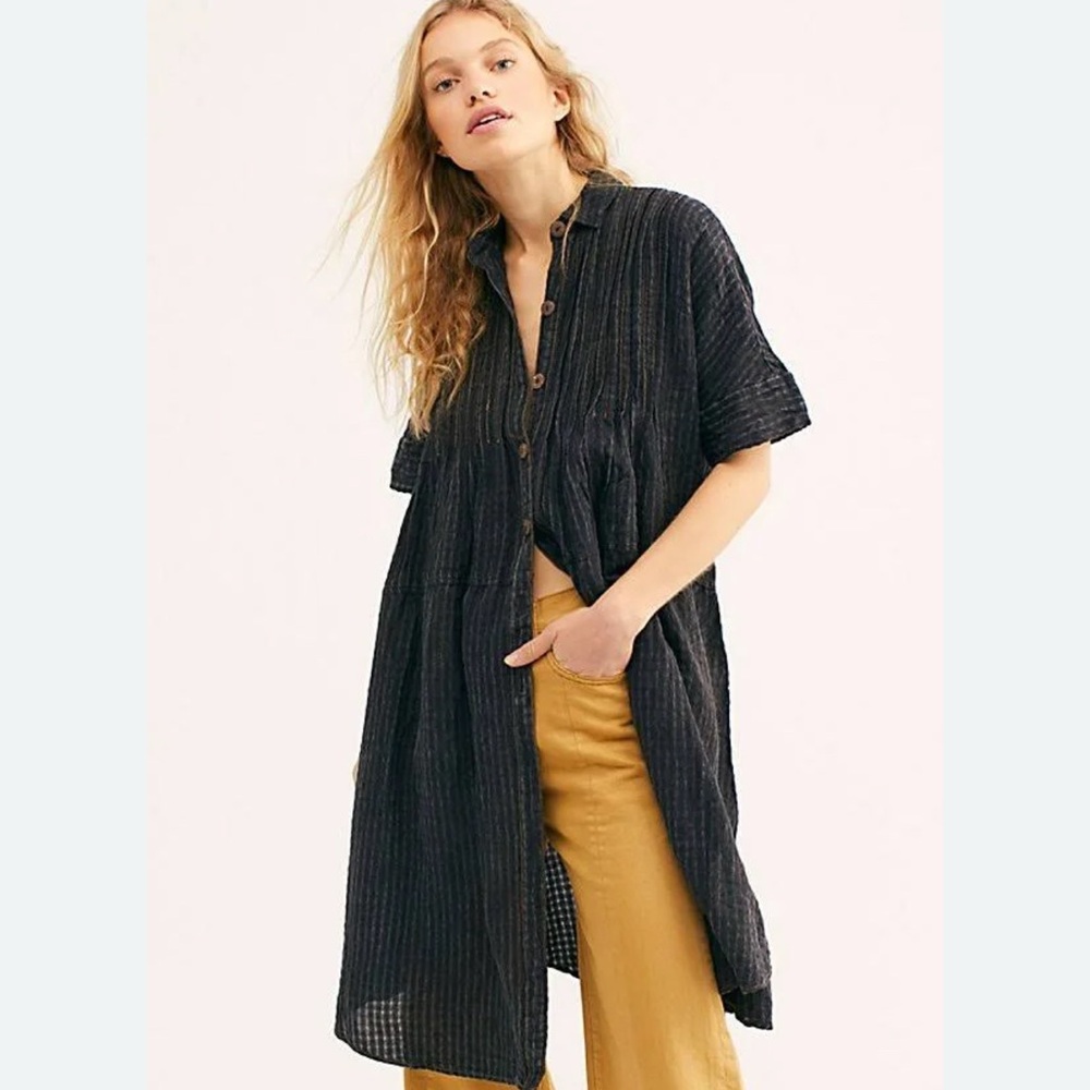 We The Free Black Pinstripe Button-Down Shirt Dress